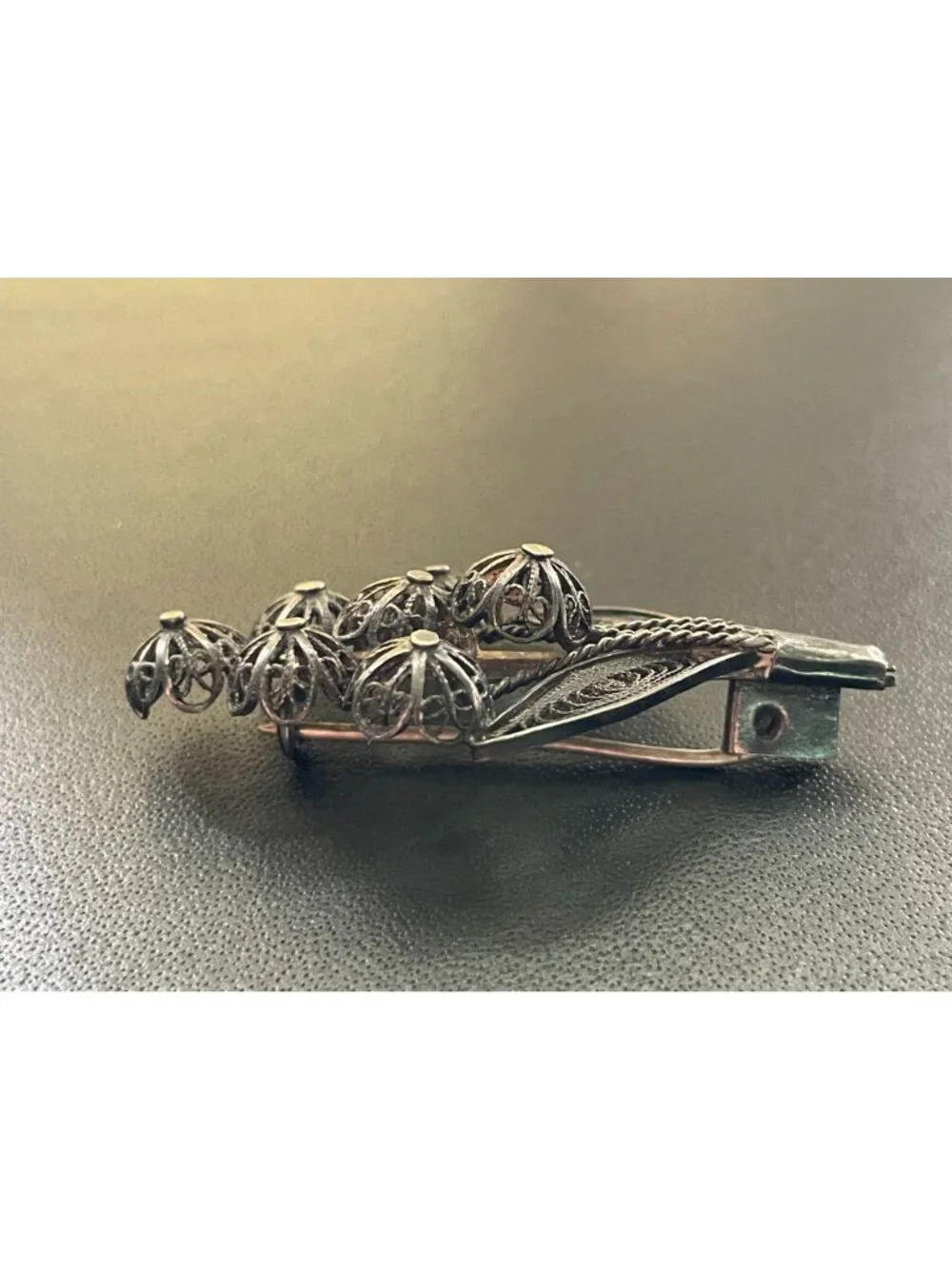 Antique Cannetille Silver Filigree Flower Bouquet Brooch Etruscan Pin C-Clasp